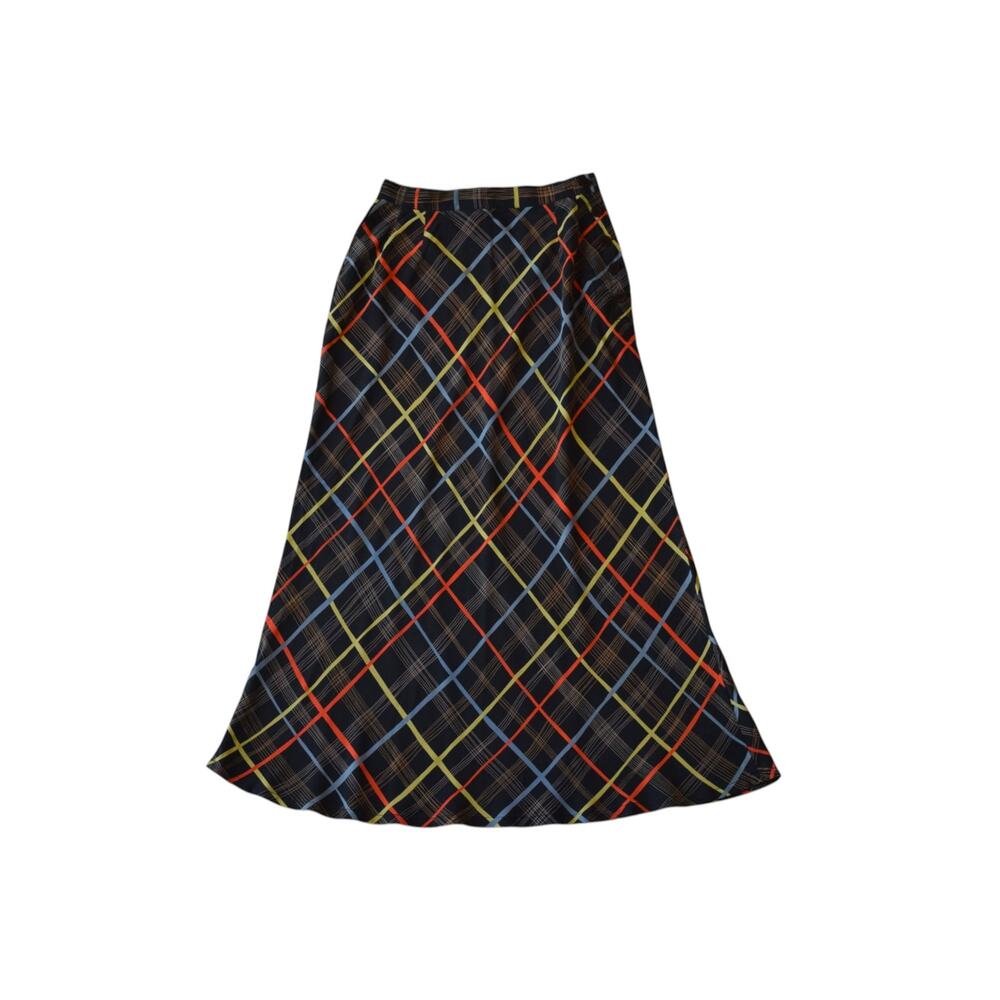Vintage 100% Silk Plaid A-Line Midi Skirt Size XS 24" waist